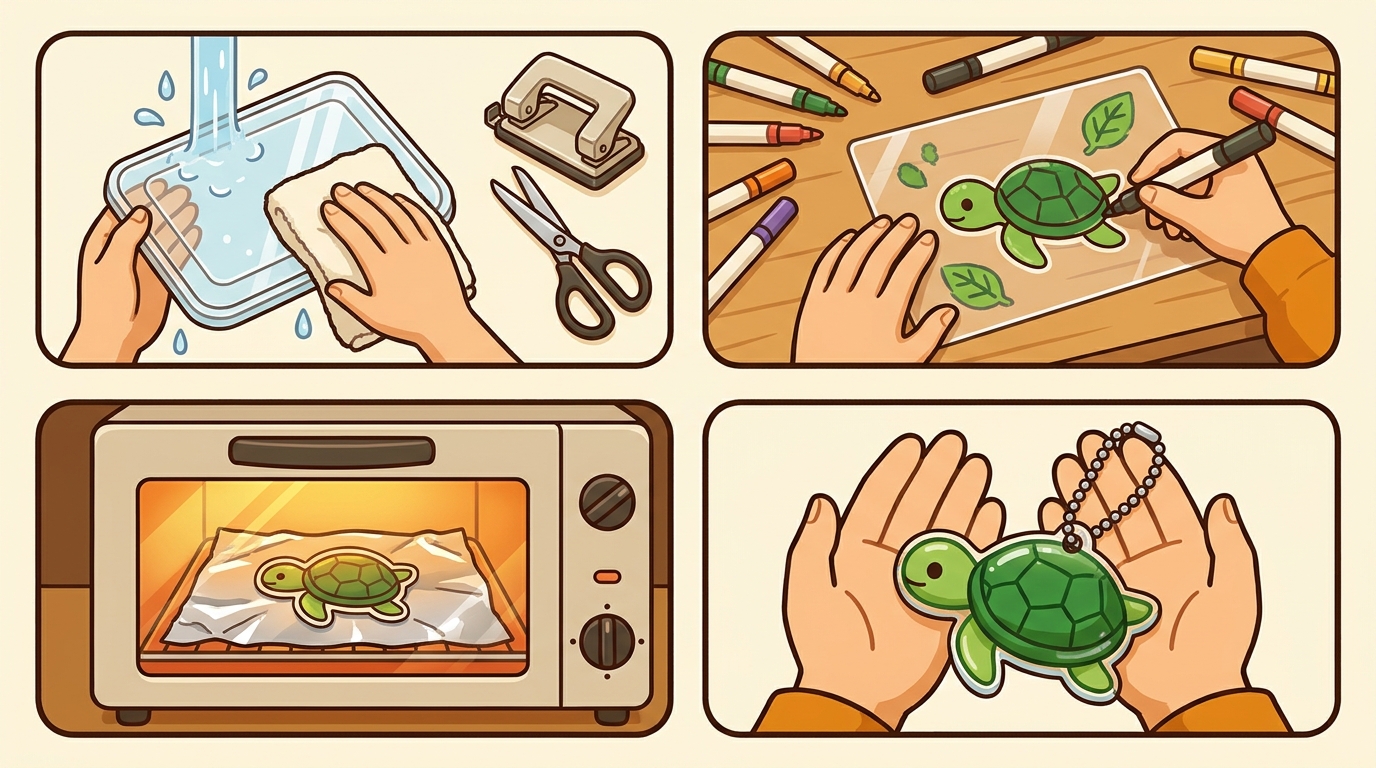お弁当のフタを洗って描き、トースターで温めてキーホルダーにする4ステップ