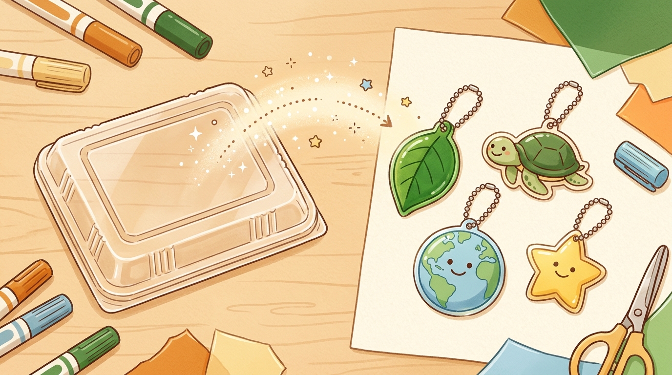 透明なお弁当のフタがカラフルなプラ板キーホルダーに変身するイラスト